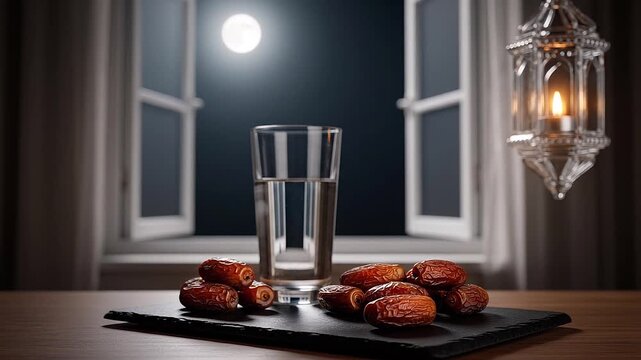 Dates and water glass on table ramadan iftar suhoor full moon night