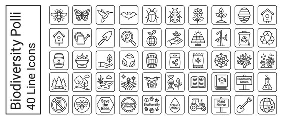 Biodiversity and Pollinator Protection Icon Set: 40 Line Icons Featuring Bees, Butterflies, Hummingbirds, Flowers, Sustainable Energy, Recycling, Gardening Tools, and Environmental Conservation.
