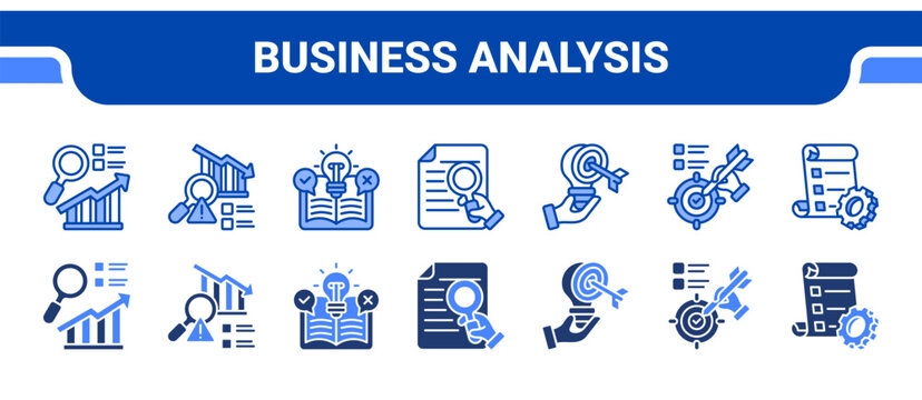 Business Analysis Icon Collection,  featuring Market research, Risk analysis, Feasibility studies, Analysis, Strategy, Goals, Action plan.