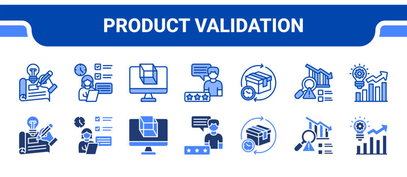 Product Validation Icon Collection,  featuring Prototyping, User testing, Simulation, Customer feedback, Product lifecycle, Risk analysis, Process improvement.