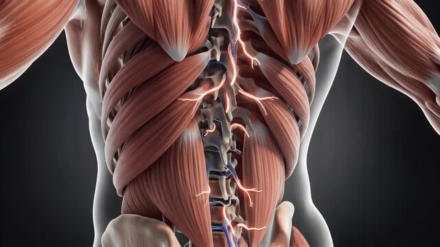 A detailed 3d rendering of human torso muscles and spine showing glowing nerve pain on a dark background.