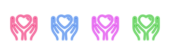 Obraz premium Neon glowing hands holding heart vector icons set, love, care, support, donation, health, well-being, vibrant colorful digital design illustration.