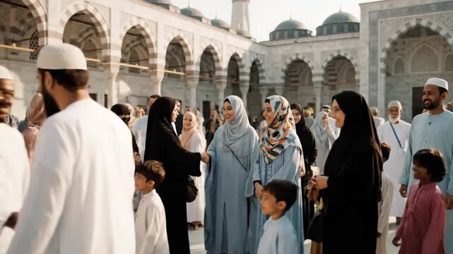 A large community gathering at a mosque for Eid, featuring family, children, and traditional attire, recorded in a video format from a frontal viewpoint.