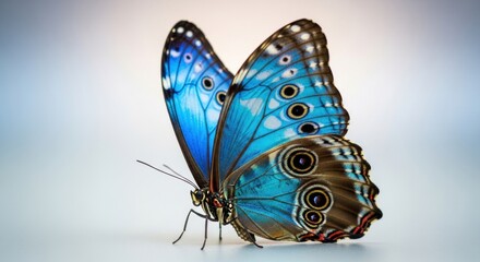 Close-up of a Stunning Blue Morpho Butterfly with Intricate Wing Patterns.