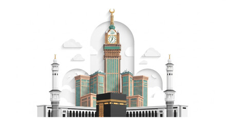 Obraz premium A clean, minimalist paper-style illustration featuring the Kaaba and the Makkah Clock Tower framed by an arch on a plain white background.