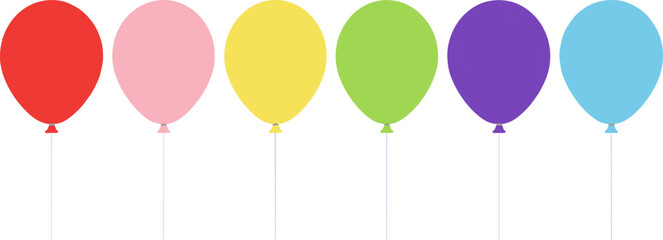 Horizontal row of six colorful rainbow balloons on strings for birthday celebrations in flat vector style © Saidi