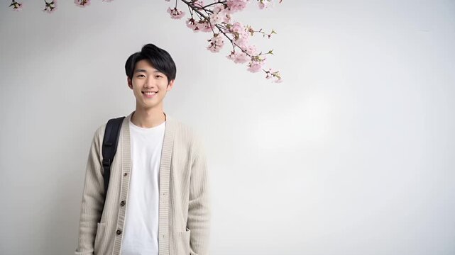 白背景のスタジオに立つ日本人男子大学生のポートレート動画。
画面端から伸びる桜の枝が春と入学シーズンを象徴。
自然光と淡いブルーやグレーの服装が新生活の始まりを演出。