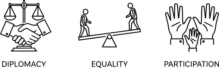 Concept icons diplomacy equality participation agreement justice balance human rights teamwork cooperation partnership vector © Elizabeth