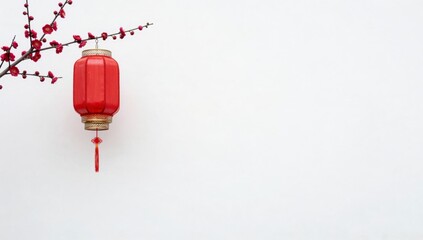 Obraz premium Red Chinese lantern hangs from blooming plum branch against a plain white surface