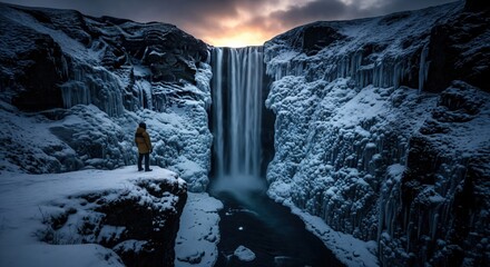 Solitary Male Explorer Standing Before Frozen Arctic Waterfall at Sunset