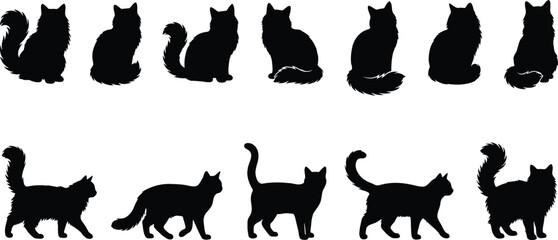 Collection of Fluffy Black Cat Silhouettes in Various Poses, Vector Illustration Isolated on White Background, Long Haired Feline Character Design Set © VactorZone