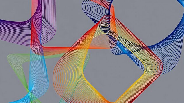 Colorful abstract curves interweaving in geometric wave pattern on white