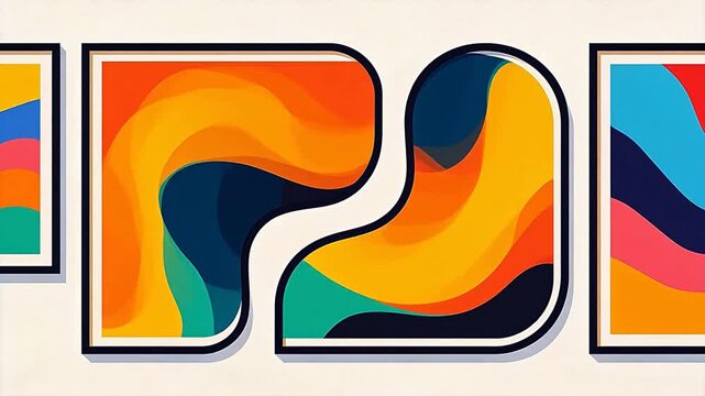 Three framed abstract wave paintings on light wall