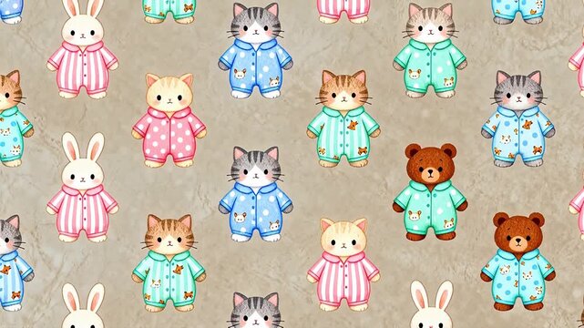 Cute pajamaclad animals in a pattern