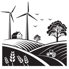 Rural Farm Landscape with Wind Turbines, Tractor, and Rolling Hills &ndash; Sustainable Agriculture Vector Illustration