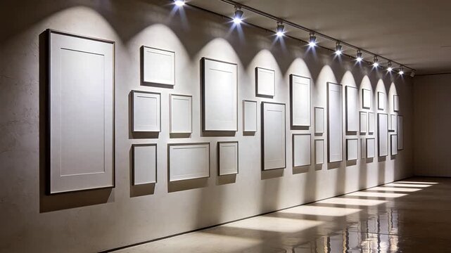 Modern gallery wall with empty frames and track lighting