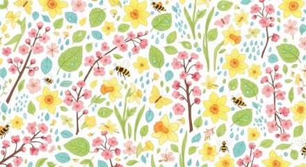 A seamless floral pattern design featuring spring blossoms, garden flowers, and butterflies in a pink nature illustration for a summer wallpaper background
