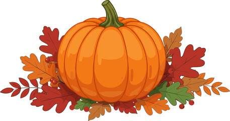 Naklejka premium Large orange pumpkin nestled in autumn leaves and red berries in realistic flat vector style