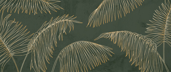Luxurious tropical art background with golden palm leaves in a line style. A botanical banner for decor, prints, textiles, posters, wallpaper, and interior design. © VectorART
