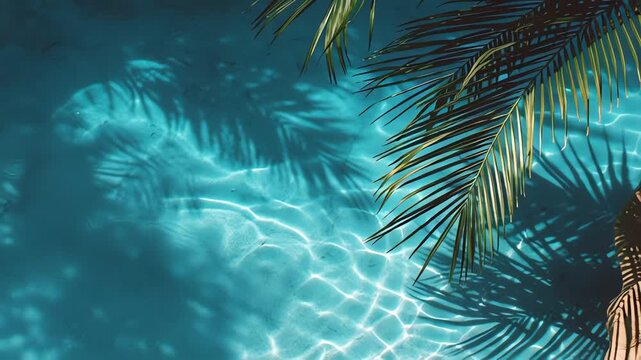 Palm tree fronds casting dappled shadows on the surface of a clear blue swimming pool.