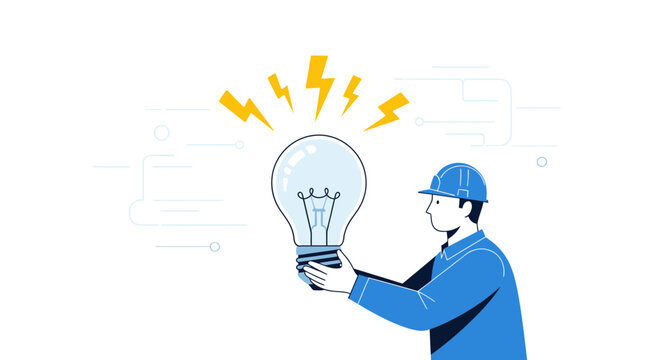 An electrical engineer holds a giant lightbulb, symbolizing innovation and creative idea