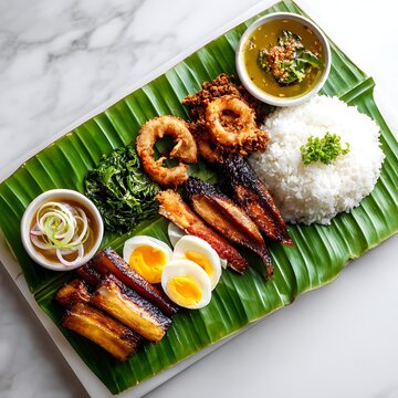 Traditional Indonesian Nasi Lemak dish with grilled meat, steamed rice, sambal chili, fried anchovies, and boiled egg on a banana leaf, vibrant, colorful, and appetizing, Southeast Asian cui