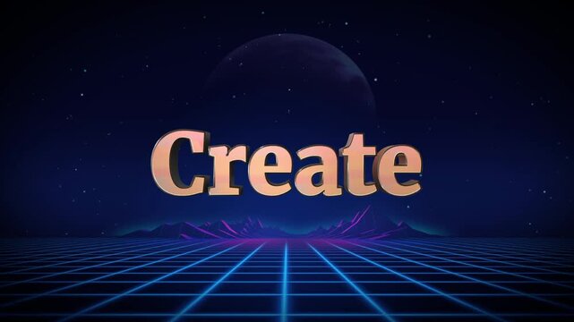 3d 'create' text animation with neon grid and space background futuristic motion graphics