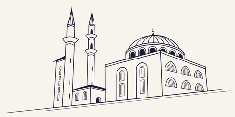 A detailed illustration of a mosque with two minarets and a large dome © Mamun