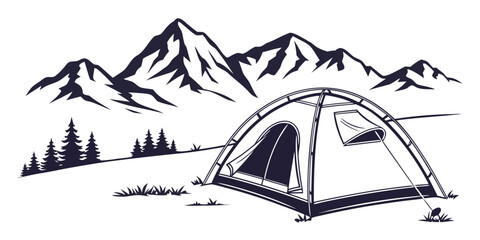 A solitary tent nestled in the wilderness with towering mountains in the background © Mamun