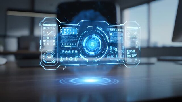 Close-up of a futuristic camera interface projected on a dark office desk with a computer monitor in the background, conveying a technological mood with cool blue tones.