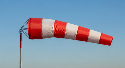Red and White Windsock Indicating Wind Direction Against Clear Blue Sky