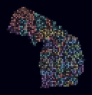 Michigan, shape of the state build of colored cells. Digital style map of the Michigan on dark background. Small size rounded square blocks. Awesome vector illustration.