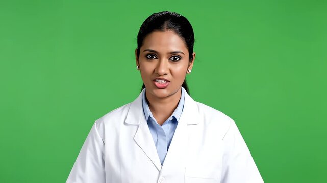 Portrait of a young female doctor wearing a white lab coat against a green background.
