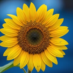 Naklejka premium Close-up of a vibrant sunflower in full bloom against a blue background.