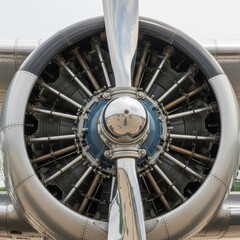 Close-up of a vintage airplane propeller and engine.