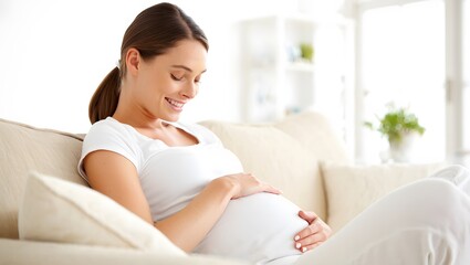 Pregnant Woman Relaxing on Sofa with Joyful Expression at Home