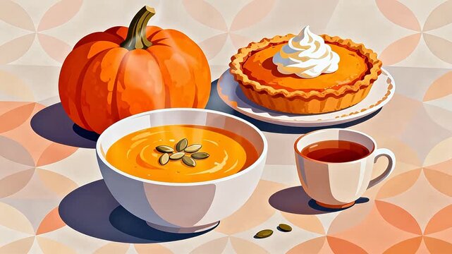 Pumpkin soup pie and tea on table