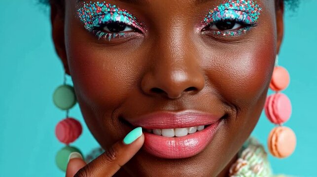 Closeup of a woman with colorful makeup