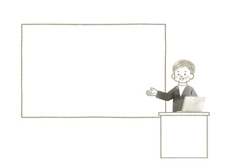 スクリーンやホワイトボードを使って説明をする男性-水彩