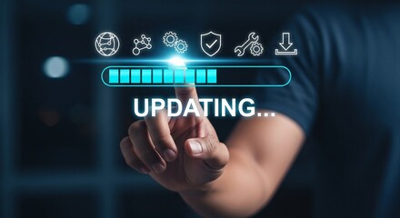 Obraz premium Hand touching virtual screen with updating progress bar and technology icons.