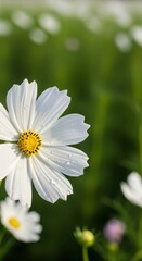 Fototapeta premium Close-up of a White Cosmos Flower in a Green Field.