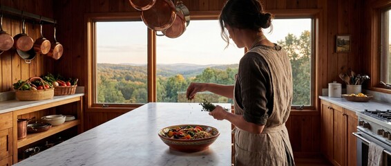 Woman chef in a cozy rustic kitchen garnishing a healthy vegan grain bowl with fresh herbs on a marble countertop, featuring a stunning panoramic forest landscape view through large windows.