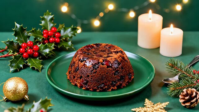 Christmas pudding on green plate with festive decorations