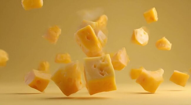 Cheese Cubes Falling on Yellow Background 4K High Quality Horizontal Orientation Slow Motion Commercial Video