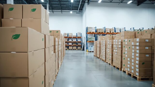 Rows of stacked cardboard boxes on pallets in a well-lit warehouse with high ceilings and concrete floors.