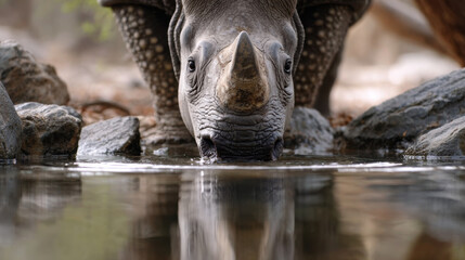 Obraz premium Curious rhinoceros wildlife reflection water drinking horn safari nature wild animal Close view of curious rhinoceros drinking water, strong horn reflected calm surface, wildlife moment natural