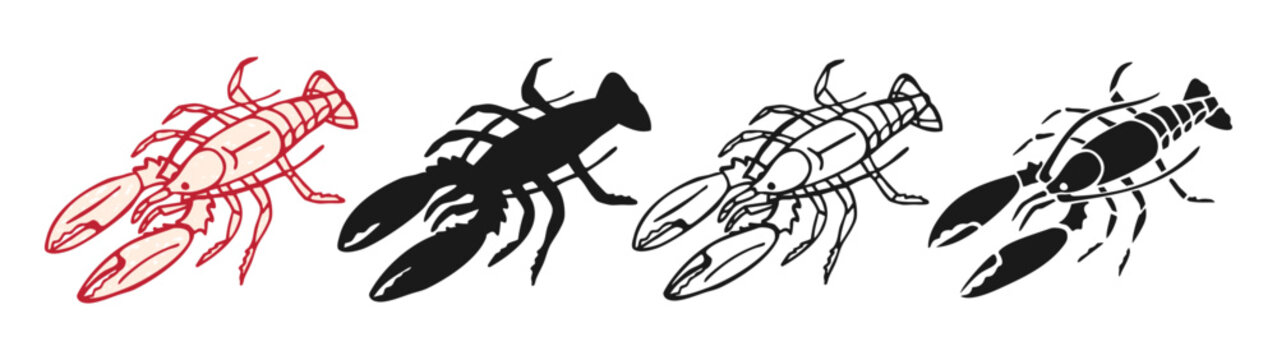 Lobster set vector illustration hand drawn outline style. Vintage engraving, grunge line art and black silhouette crayfish seafood character, vintage fish artwork mood, clean lines, marine life theme