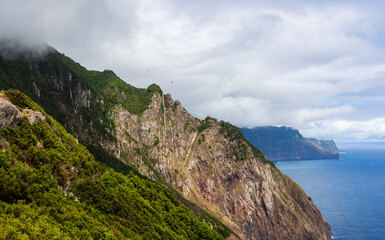 Hiking trail along Vereda do Larano in Madeira. Steep cliffs and ocean coastline. Lush greenery and panoramic sea view.