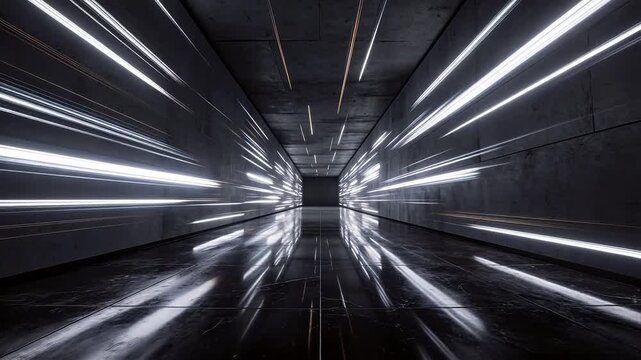 Futuristic tunnel interior with parallel led light trails and dark floor reflection