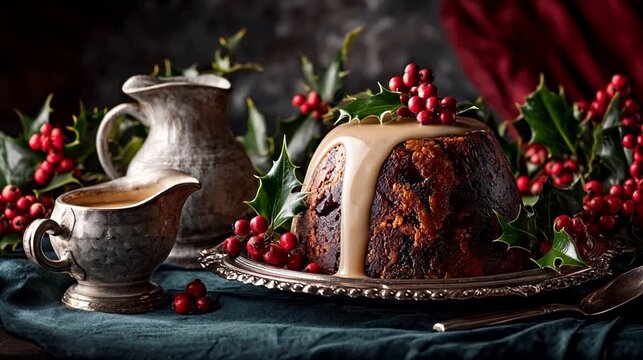 Christmas pudding with cream and holly